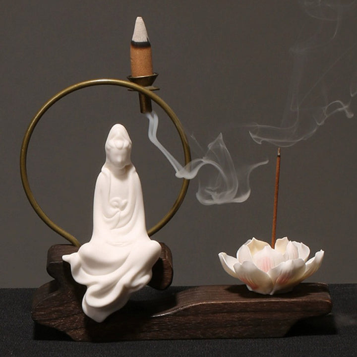 Buddha Stones Ceramic Lotus Healing Meditation Incense Burner Decoration