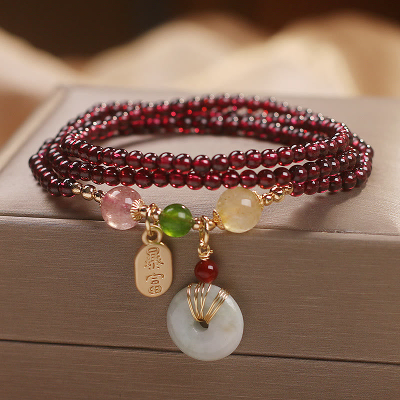 Buddha Stones Natural Garnet Strawberry Quartz Crystal Fox Koi Fish Peace Buckle Fortune Protection Triple Wrap Bracelet