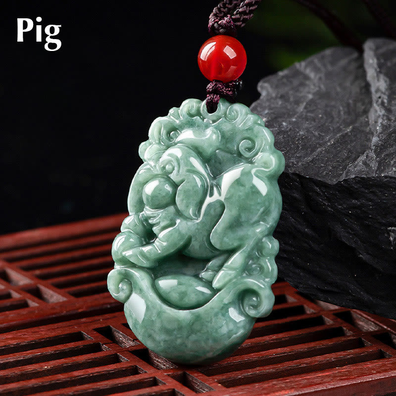 Buddha Stones Natural Jade 12 Chinese Zodiac Prosperity Necklace Pendant