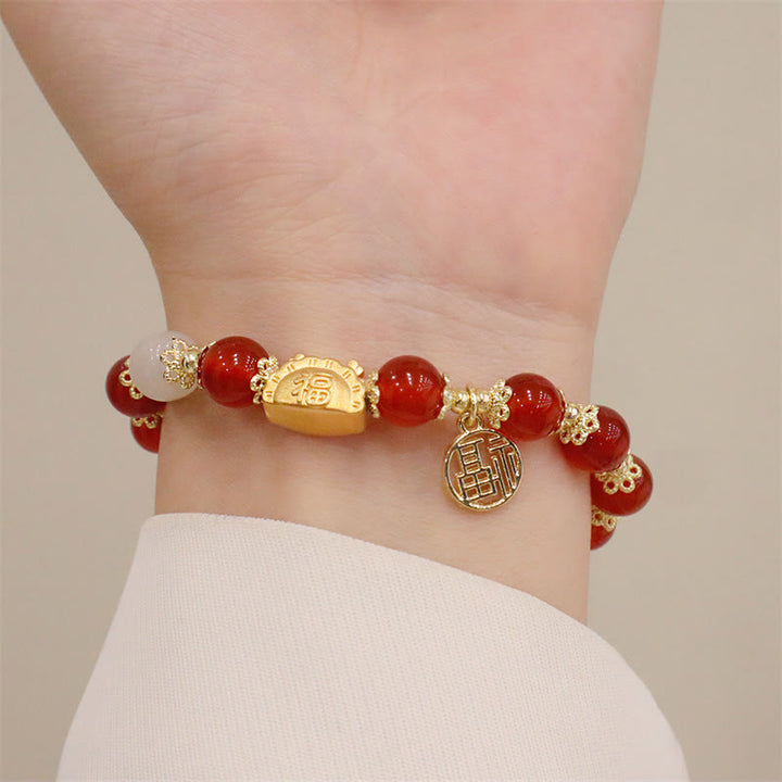 Buddha Stones Year Of The Dragon Red Agate Strawberry Quartz Black Obsidian Jade Garnet Pearl Cinnabar Dumpling Dragon Luck Fu Character Bracelet