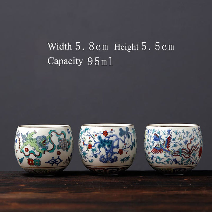 Buddha Stones Vintage Plum Blossom Pine Bamboo Phoenix Kirin Lion Dancing Ceramic Teacup Tea Cups