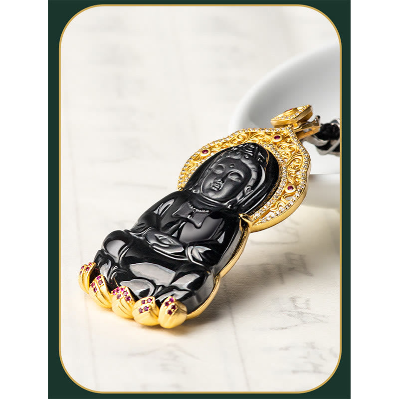 Buddha Stones 925 Sterling Silver Natural Black Jade Kwan Yin Avalokitesvara Wealth Necklace Pendant