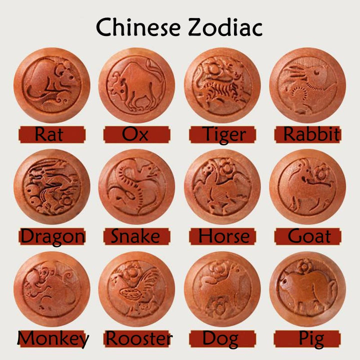 Buddha Stones Natural Peach Wood Chinese Zodiac Fu Character Carved Cinnabar Wealth Bracelet