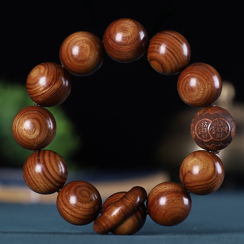 Buddha Stones Chinese Zodiac Rosewood Green Sandalwood Ebony Wood Copper Coin Carved Calm Bracelet