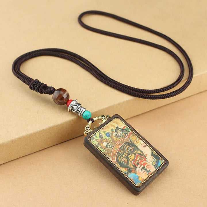 Buddha Stones Tibet God of Wealth Thangka Ebony Peace Necklace Pendant