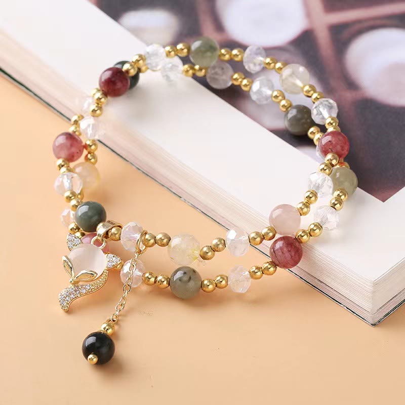 Buddha Stones Multicolored Rutilated Quartz Fox Protection Double Wrap Bracelet