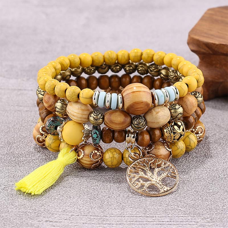 Wenge Wood Layered Tree Tassel Healing Bracelet