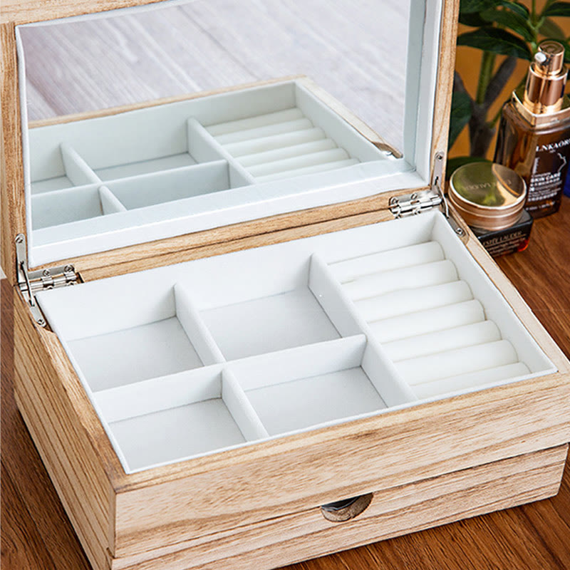 Buddha Stones Retro Beige Wooden Jewelry Box Two-Layer Jewelry Storage Box With Mirror