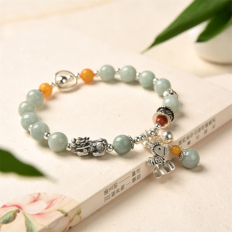 925 Sterling Silver Natural Jade Amber PiXiu Pony Success Bracelet