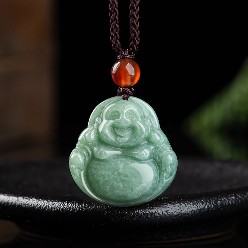 Buddha Stones Laughing Buddha Cyan Jade Success Necklace String Pendant