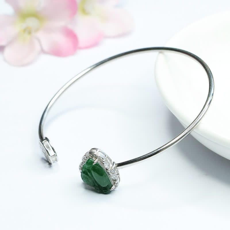 Buddha Stones 925 Sterling Silver Laughing Buddha Jade Luck Bracelet Bangle