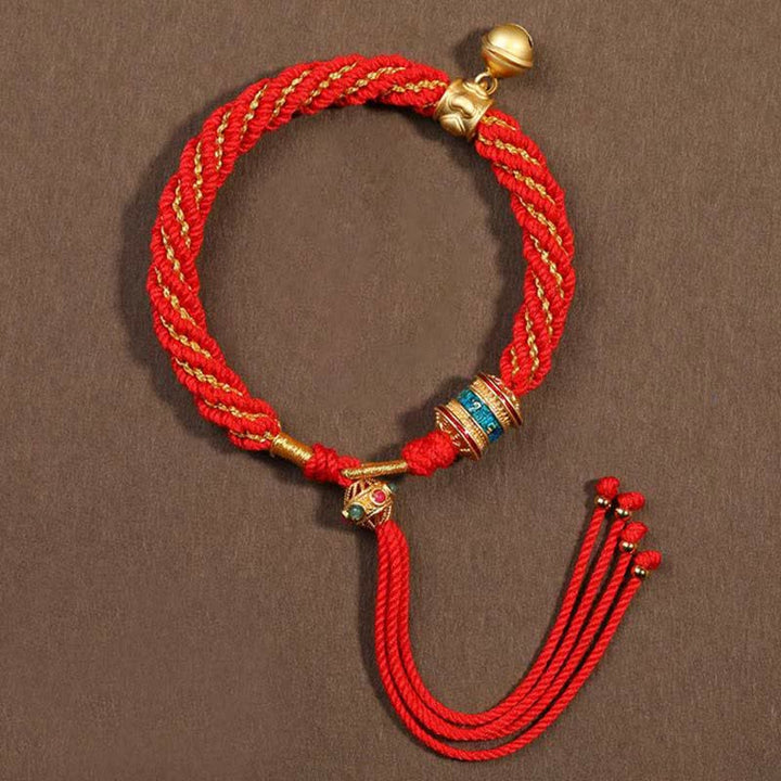 Tibetan Handmade Luck Protection Thangka Prayer Wheel Bell Charm Braid String Bracelet