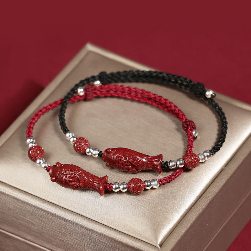 Buddha Stones 925 Sterling Silver Koi Fish Cinnabar Fu Character Copper Coin Wealth Braided Bracelet