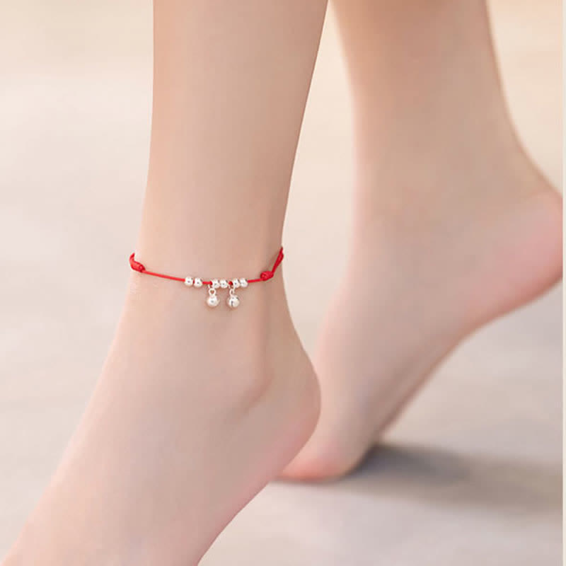 Buddha Stones 925 Sterling Silver Red String Braid Bell Charm Anklet