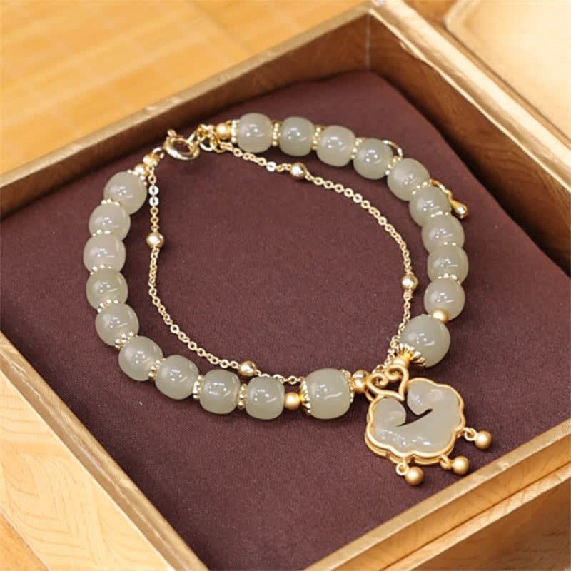 14K Gold Plated Natural Hetian Jade Wish Lock Bell Chain Bracelet