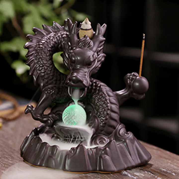 Auspicious Dragon Ceramic Backflow Smoke Fountain Meditation Healing Incense Burner Led Ball Decoration