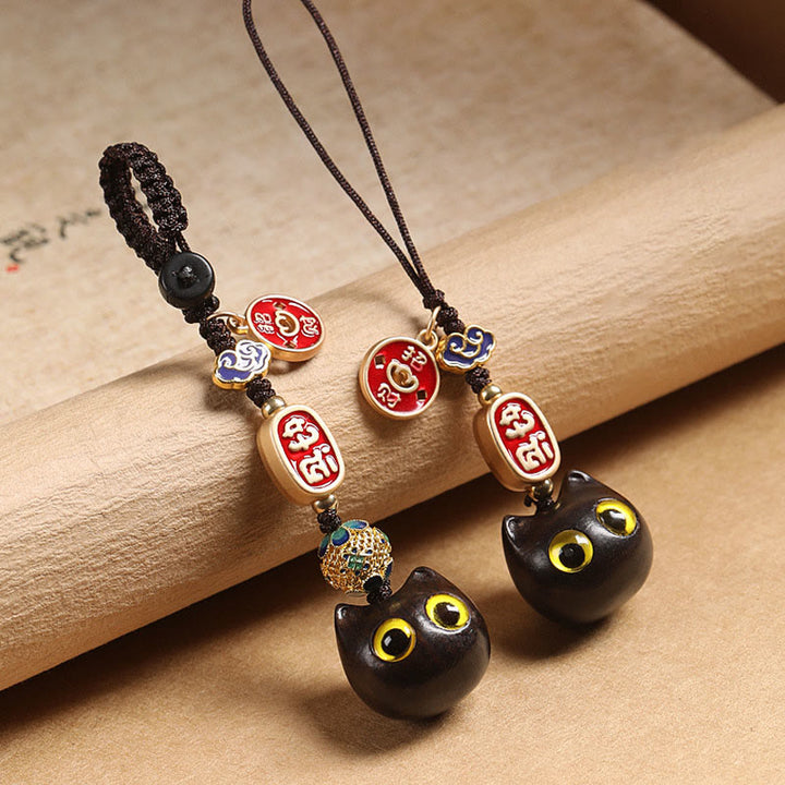 Buddha Stones Ebony Wood Lucky Cat Auspicious Cloud Peace Key Chain Phone Hanging Decoration