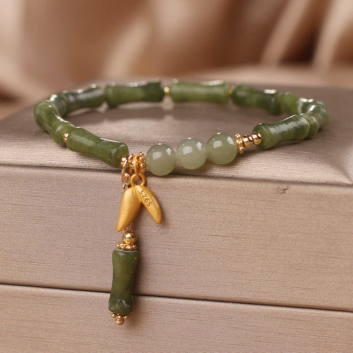 Buddha Stones Green Bamboo Jade Leaf Pattern Wealth Luck Bracelet