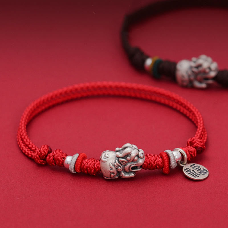 Buddha Stones 925 Sterling Silver PiXiu Fu Character Wealth Luck Handmade Braided Bracelet