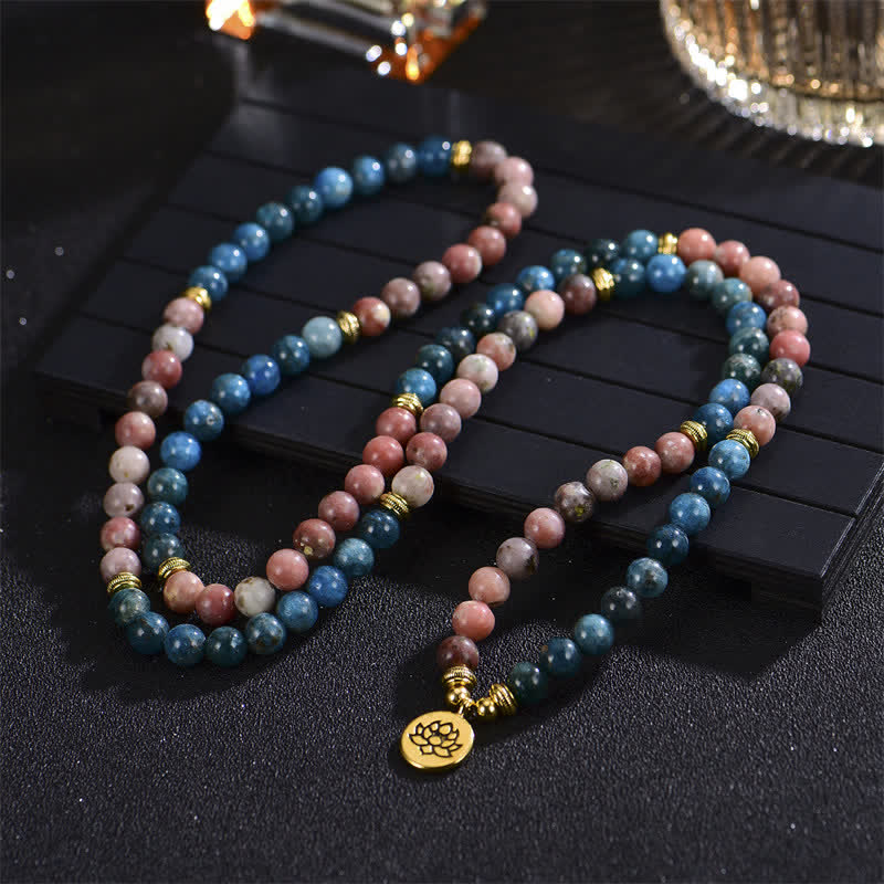 Buddha Stones Lazurite Picasso Jasper Amazonite Rhodonite Apatite Positive Lotus Prayer Bead Bracelet