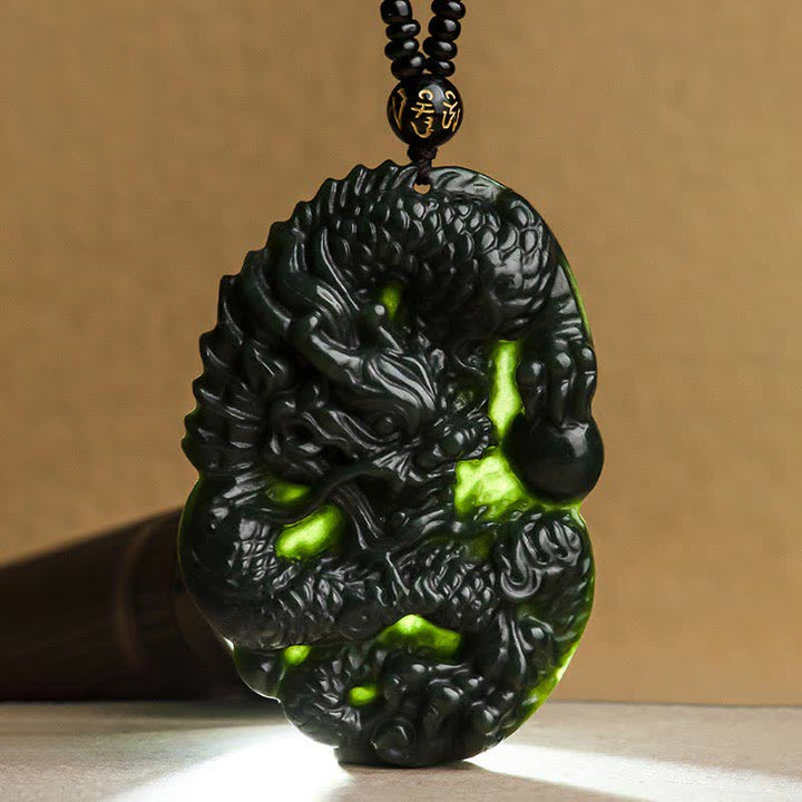 Buddha Stones Hetian Cyan Jade Dragon Success Harmony Necklace Beaded String Pendant