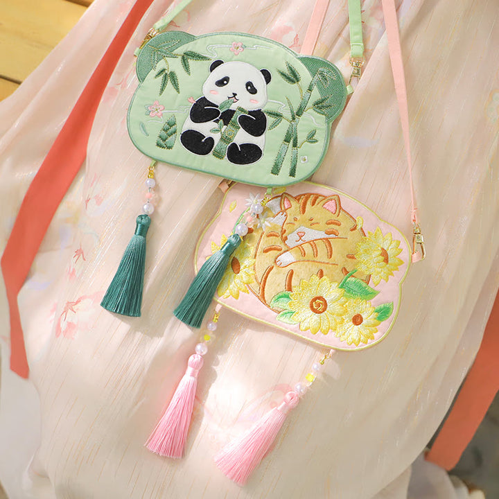 Buddha Stones Embroidery Lucky Panda Cat Shiba Inu Deer Rabbit Fox Flower Cute Animal Hanfu Bag Crossbody Bag Shoulder Bag