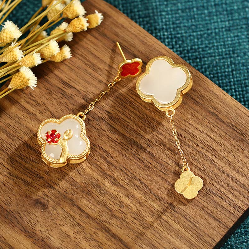 Buddha Stones 24K Gold Plated White Jade Four Leaf Clover Plum Blossom Luck Necklace Pendant Earrings