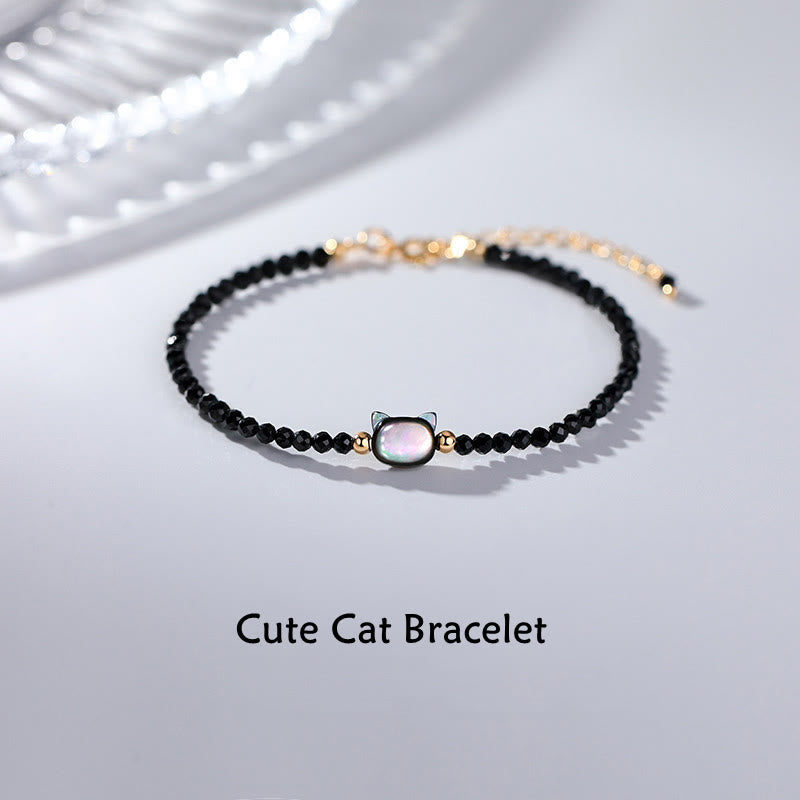 Buddha Stones 14K Gold Plated Black Spinel White Crystal Cute Cat Tridacna Stone Healing Bracelet