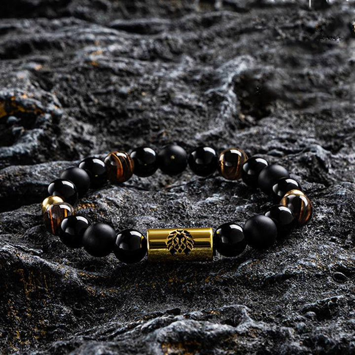 Buddha Stones Black Onyx Tiger Eye Bead Lion Engraved Protection Bracelet