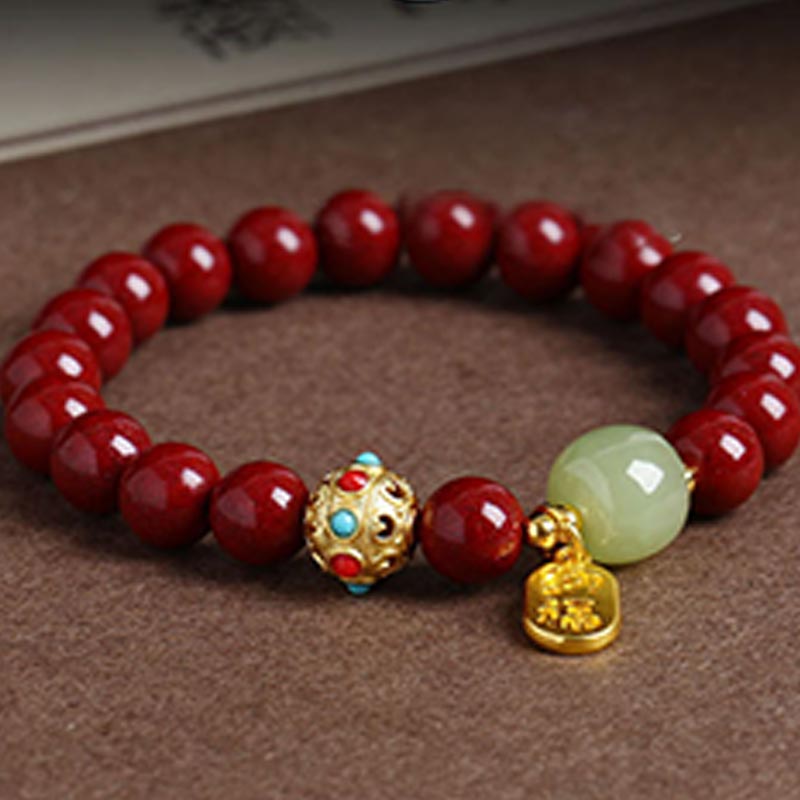 Buddha Stones Cinnabar Green Aventurine Fortune Protection Charm Bracelet