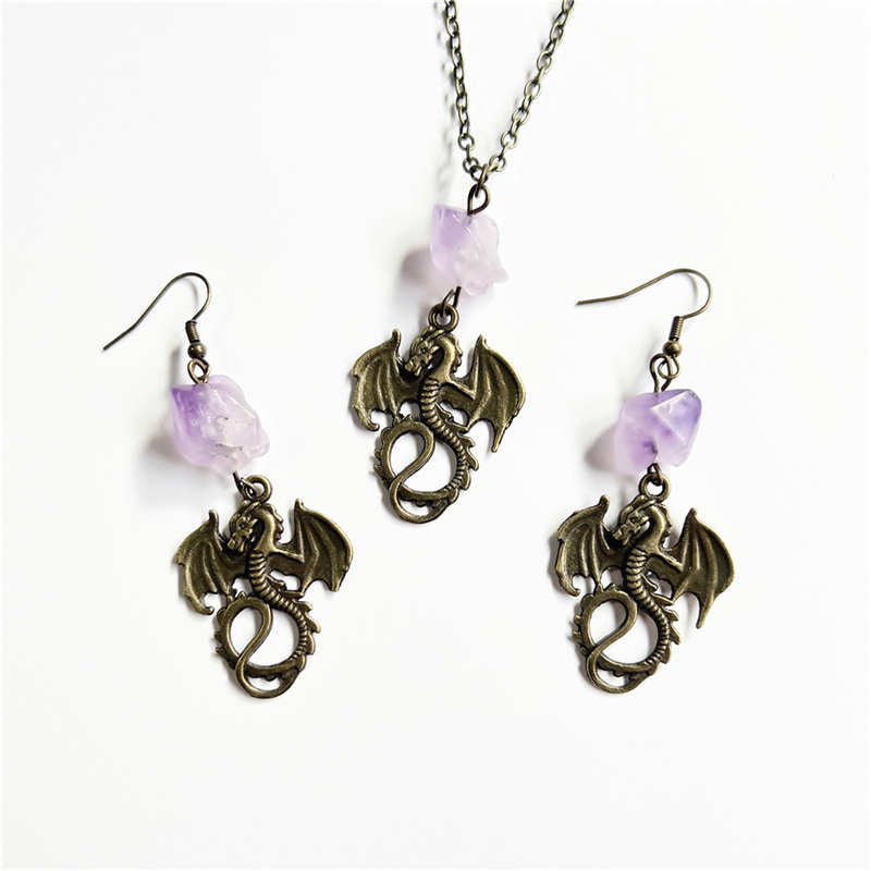 Dragon Amethyst Pattern Protection Necklace Pendant Earrings