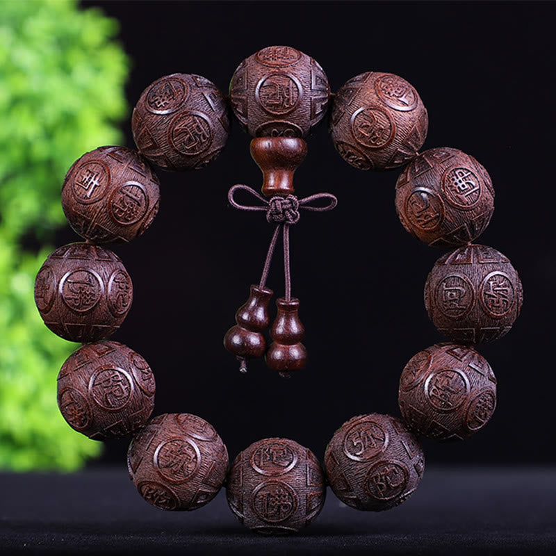 Buddha Stones Chinese Zodiac Rosewood Ebony Boxwood Copper Coin PiXiu Carved Warmth Bracelet