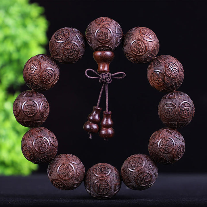 Buddha Stones Chinese Zodiac Rosewood Ebony Boxwood Copper Coin PiXiu Carved Warmth Bracelet