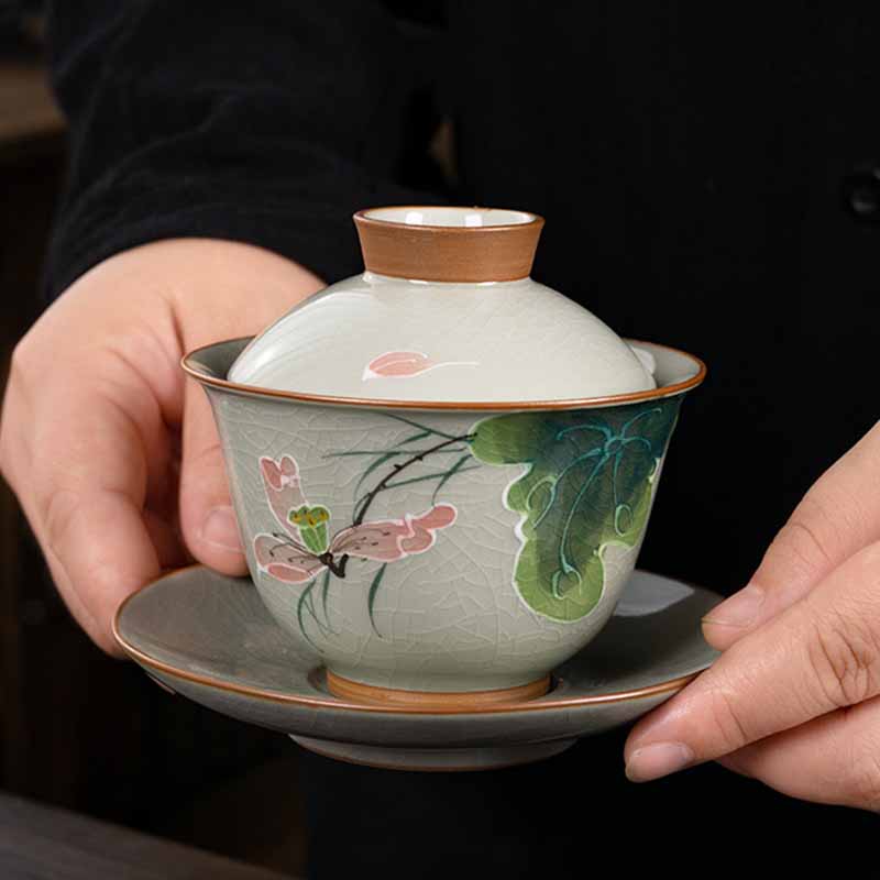 Buddha Stones Lotus Koi Fish Pod Leaf Ceramic Gaiwan Sancai Teacup Kung Fu Tea Cup And Saucer With Lid 140ml