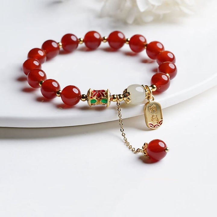 Buddha Stones Natural Red Agate Hetian Jade Fu Character Confidence Charm Bracelet