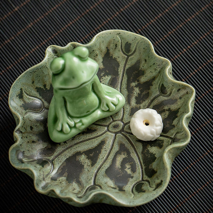 Buddha Stones Leaf Meditation Frog Pattern Healing Ceramic Incense Burner Decoration