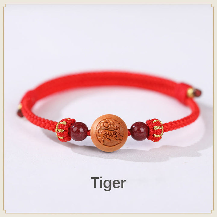 Buddha Stones Natural Peach Wood Chinese Zodiac Fu Character Carved Cinnabar Wealth Bracelet