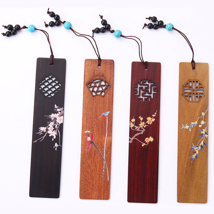 Buddha Stones 4Pcs Four Seasons Plum Orchid Bamboo Chrysanthemum Peking Opera Mask Wood Bookmarks With Gift Box