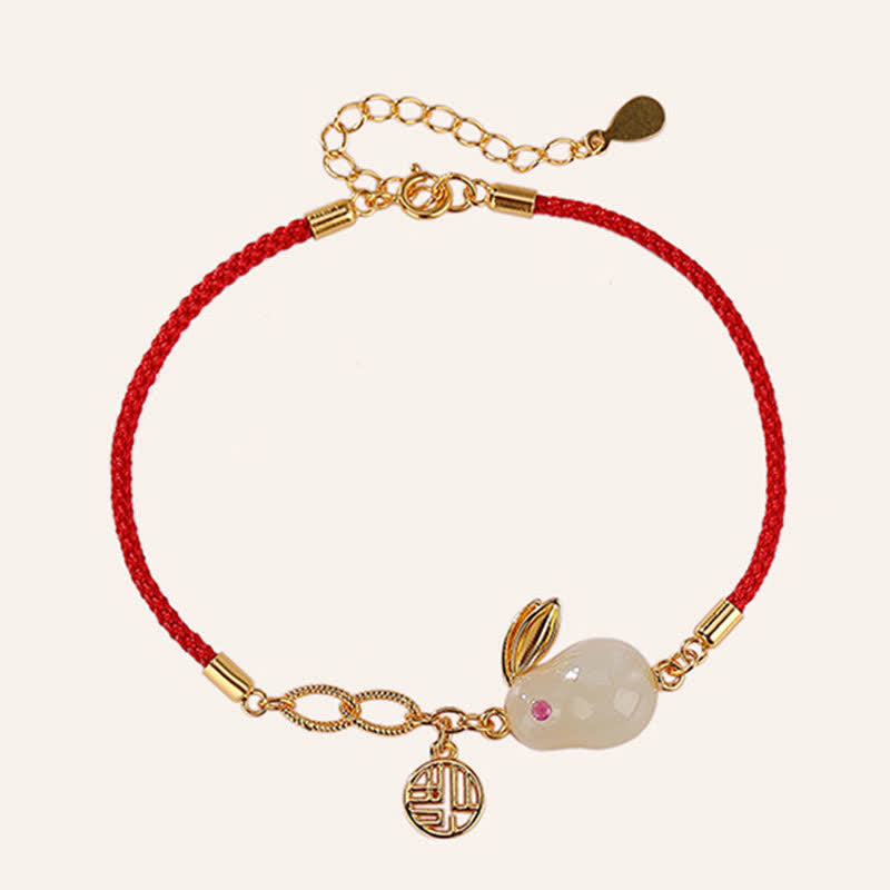 925 Sterling Silver Year of the Rabbit Hetian White Jade Luck Blessing Red String Bracelet