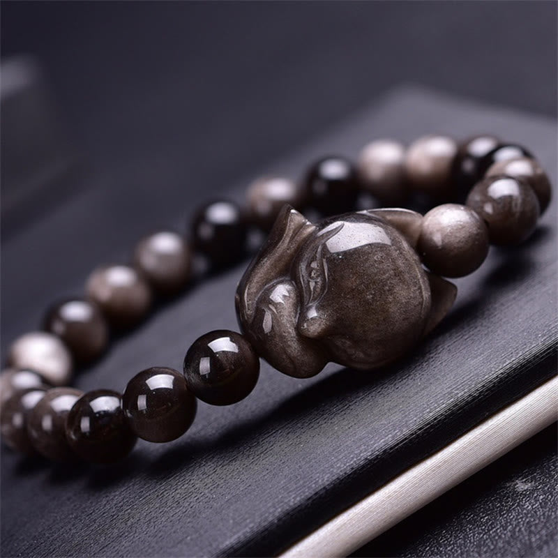 Buddha Stones Natural Silver Sheen Obsidian Fox Protection Bracelet