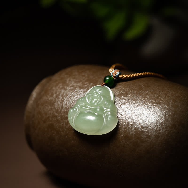 Laughing Buddha Jade Lotus Prosperity String Necklace Pendant