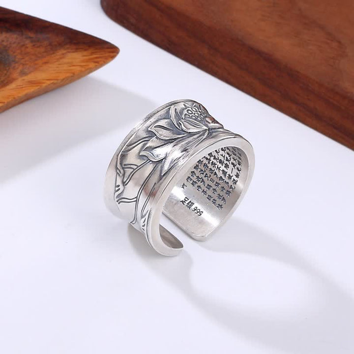 Buddha Stones 999 Sterling Silver Lotus Flower Heart Sutra Protection Ring