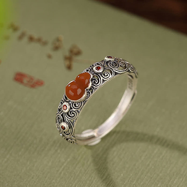 925 Sterling Silver Red Agate Cyan Jade Gourd Blessing Auspicious Ring