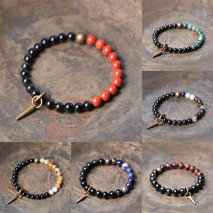 Buddha Stones Black Obsidian Sodalite Crystal Copper Strength Couple Bracelet