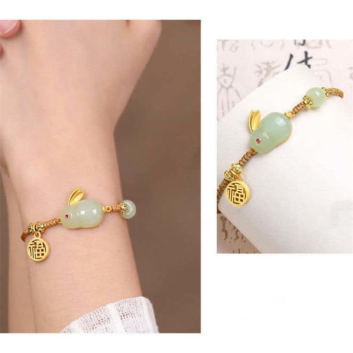 Buddha Stones Year of the Rabbit Hetian Jade Happiness Blessing Wealth String Bracelet