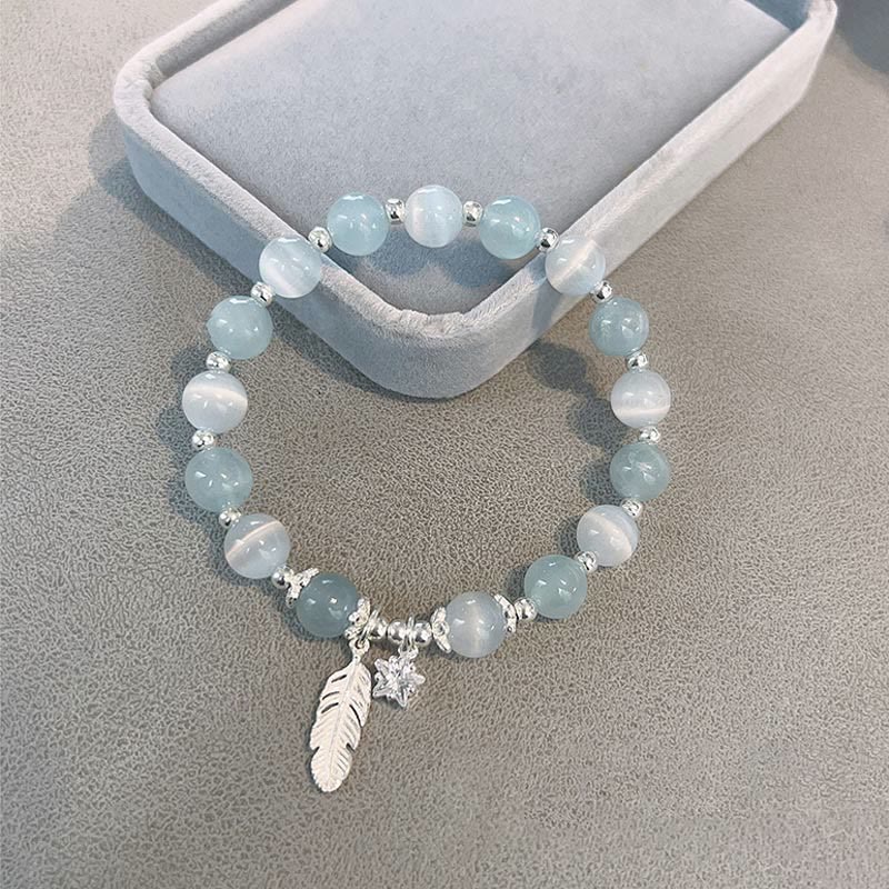 Buddha Stones 925 Sterling Silver Aquamarine Cat's Eye Healing Feather Star Charm Bracelet