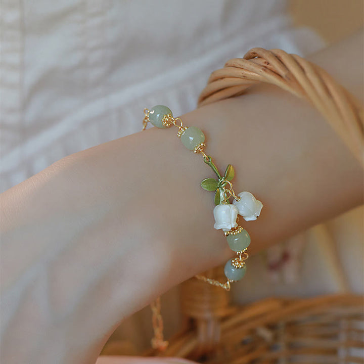 Buddha Stones Green Jade Bead Lily of the Valley Prosperity Chain Bracelet