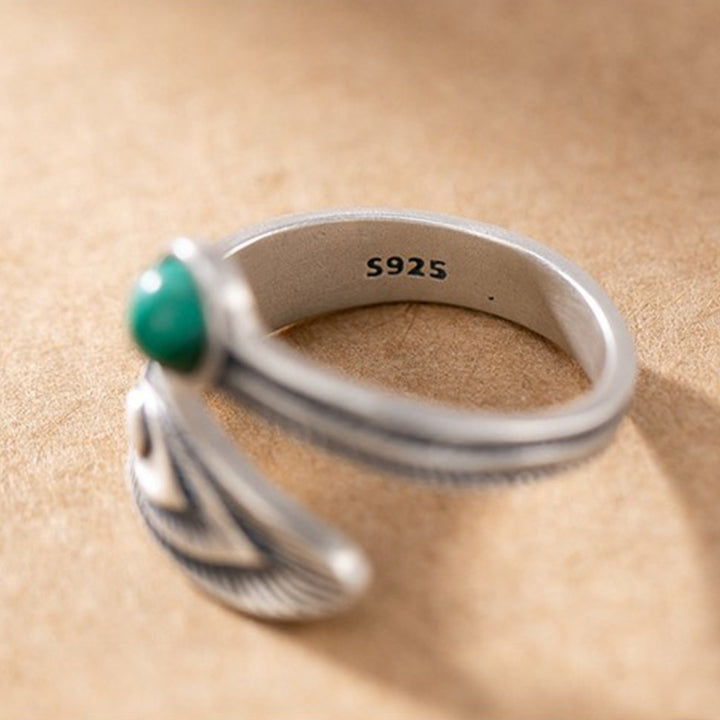 925 Sterling Silver Malachite Bead Feather Protection Ring