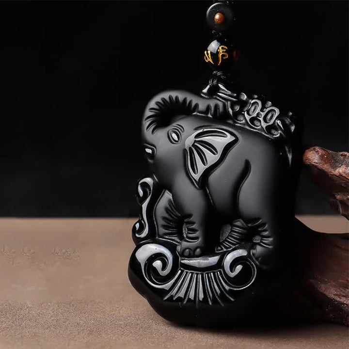 Black Obsidian Elephant Protection String Necklace Pendant Key Chain