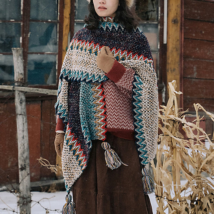 Buddha Stones Tibetan Shawl Blue Beige Red Wavy Pattern Winter Warm Tassel Scarf